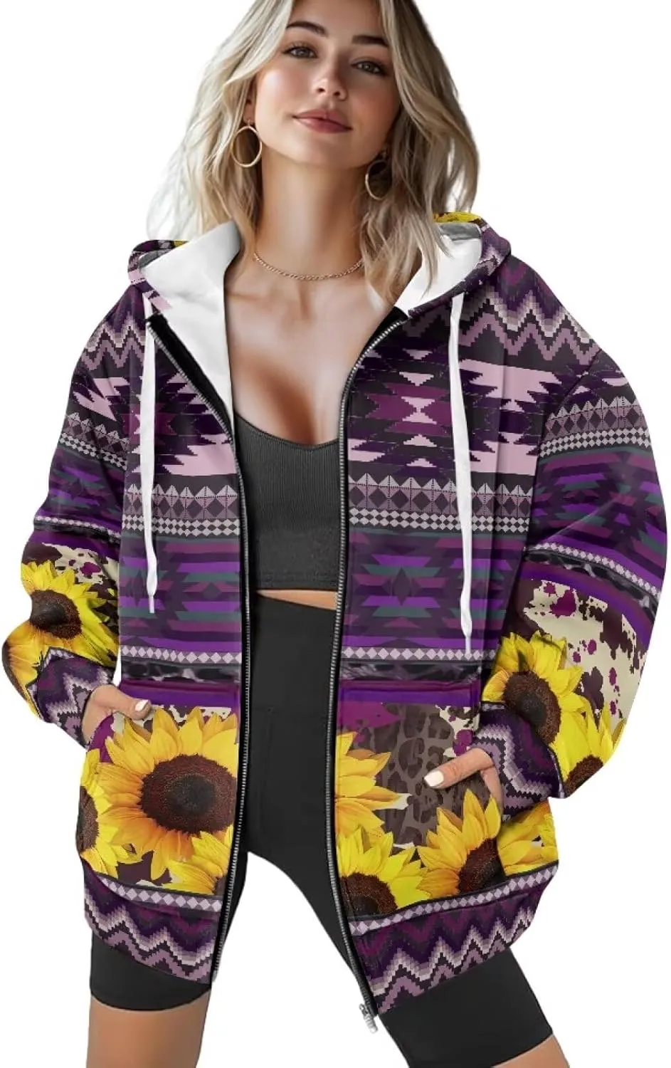 Aztec Zip up Hoodies for Women Western Geometric Print Western Ethnic Style Sweatshirts with Pocket Casual Jacket