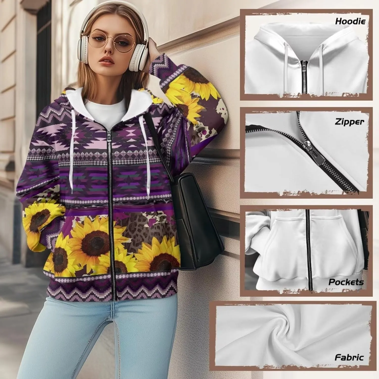 Aztec Zip up Hoodies for Women Western Geometric Print Western Ethnic Style Sweatshirts with Pocket Casual Jacket