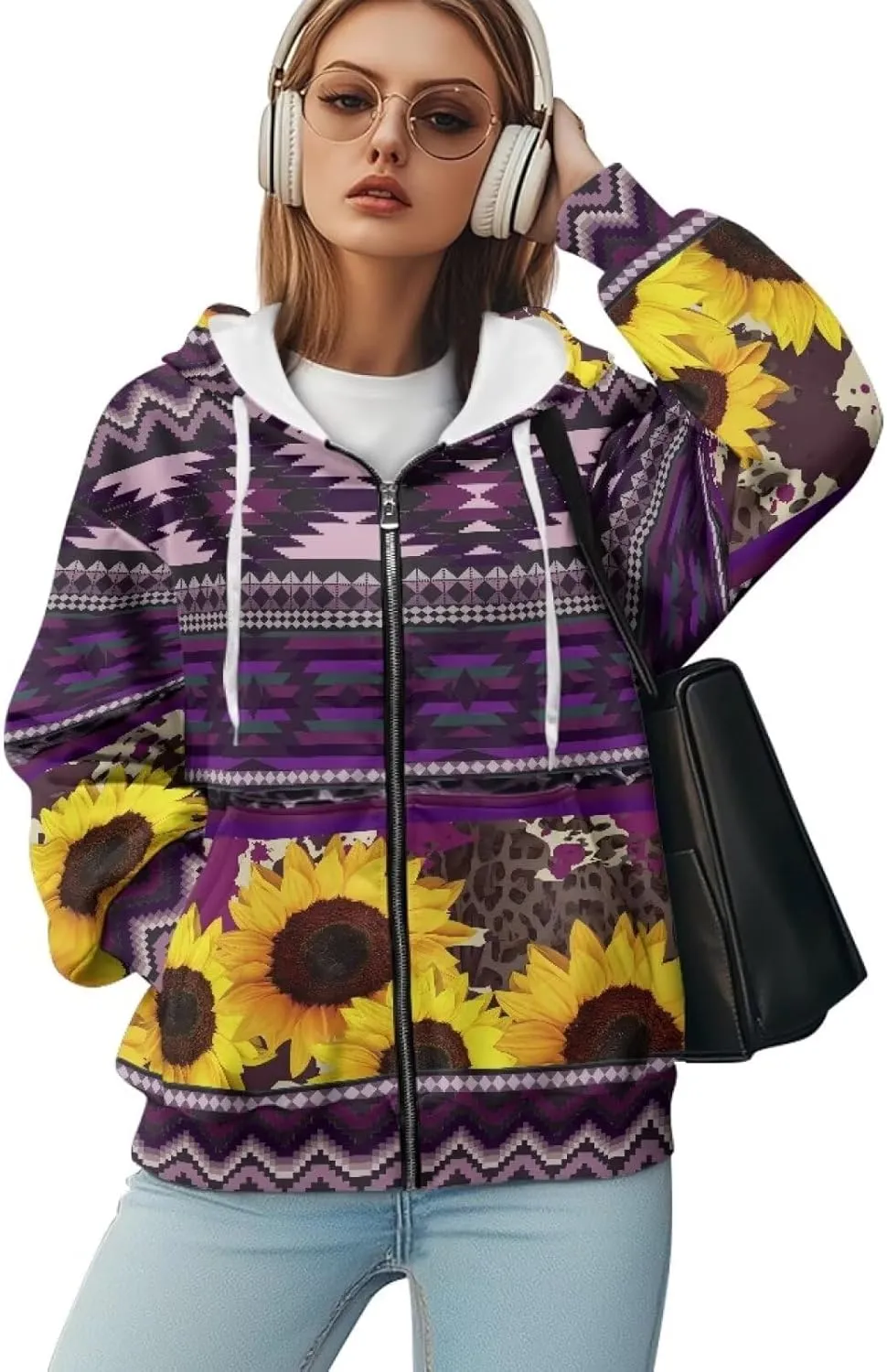 Aztec Zip up Hoodies for Women Western Geometric Print Western Ethnic Style Sweatshirts with Pocket Casual Jacket