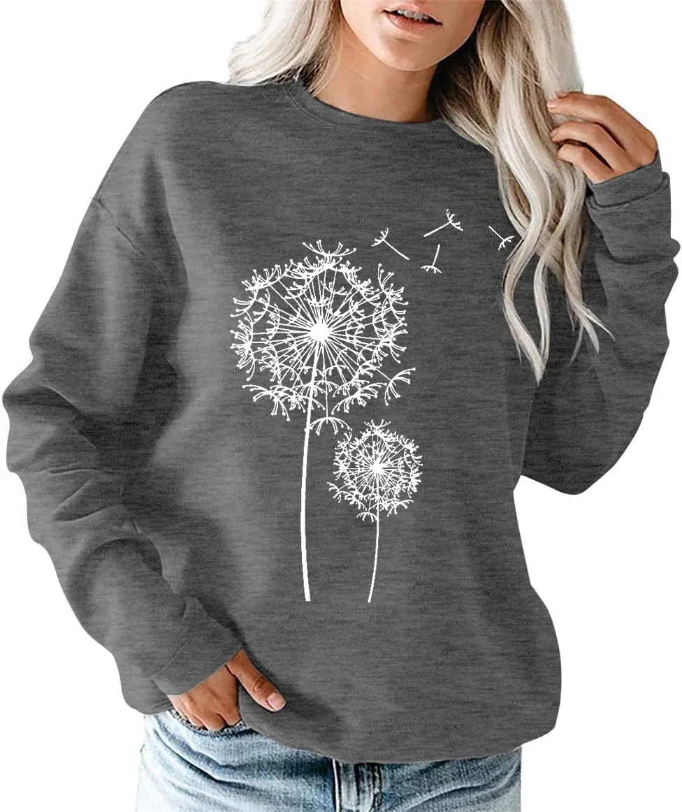 BANGELY Womens Dandelion Sweatshirt Casual Crewneck Loose Pullover Tops Long Sleeve Graphic Tee Shirt Blue