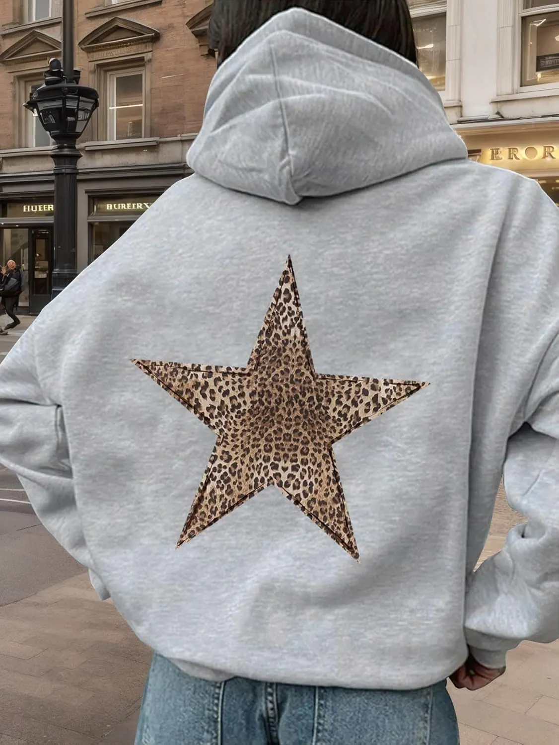 Baonmy Star Graphic Hoodies Y2k Leopard Print Oversized Fleece Hoodie Long Sleeve Pullover Sweatshirt for Women Streetwear