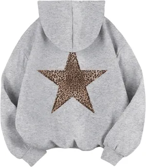 Baonmy Star Graphic Hoodies Y2k Leopard Print Oversized Fleece Hoodie Long Sleeve Pullover Sweatshirt for Women Streetwear