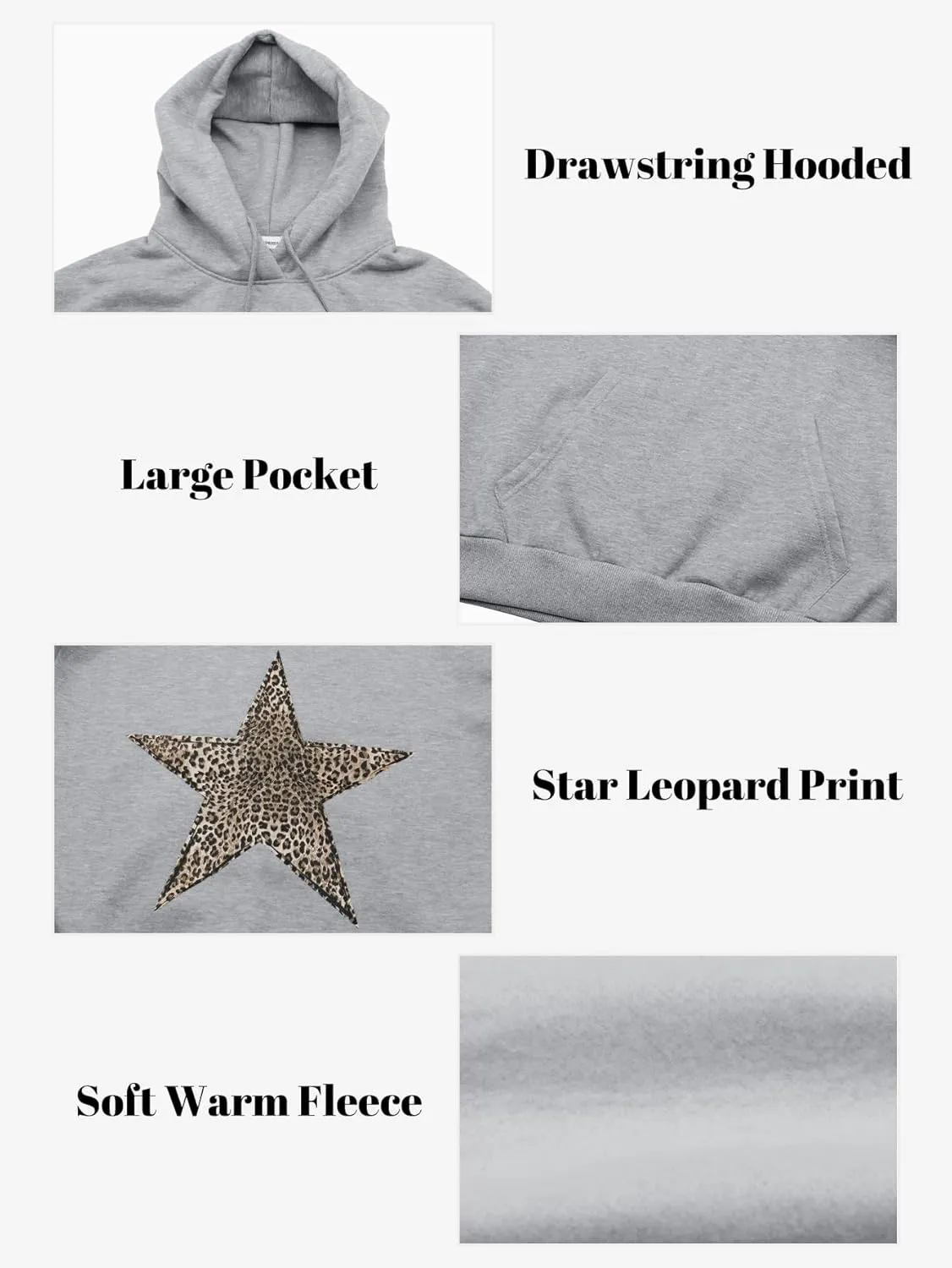 Baonmy Star Graphic Hoodies Y2k Leopard Print Oversized Fleece Hoodie Long Sleeve Pullover Sweatshirt for Women Streetwear