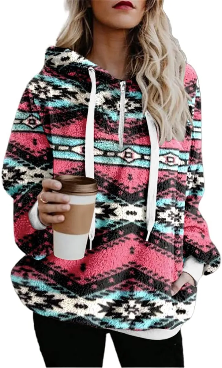 Bengbobar Women Western Sherpa Pullover Quarter Zip Long Sleeve Fluffy Aztec Fleece Jacket Sweatshirts Hoodies Coat Sweaters