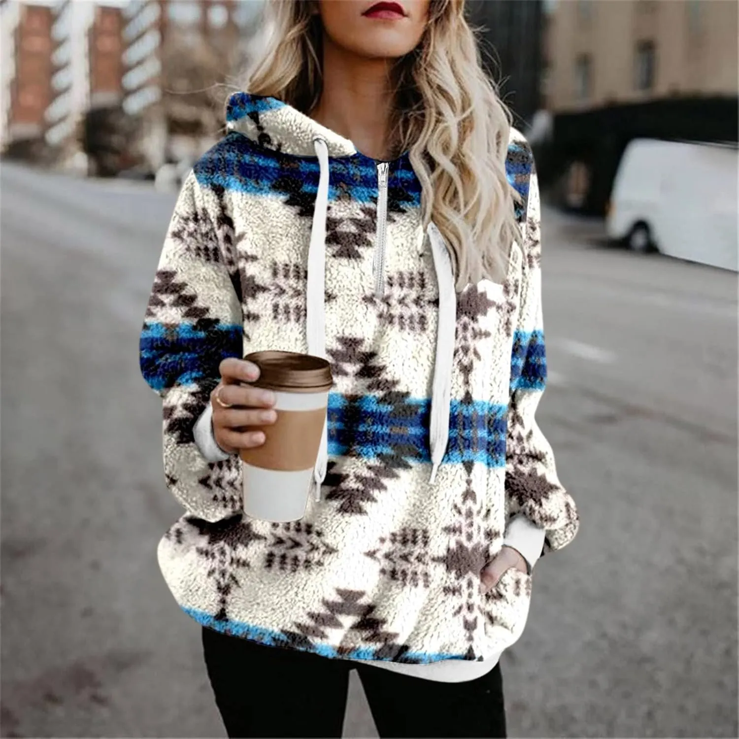 Bengbobar Women Western Sherpa Pullover Quarter Zip Long Sleeve Fluffy Aztec Fleece Jacket Sweatshirts Hoodies Coat Sweaters