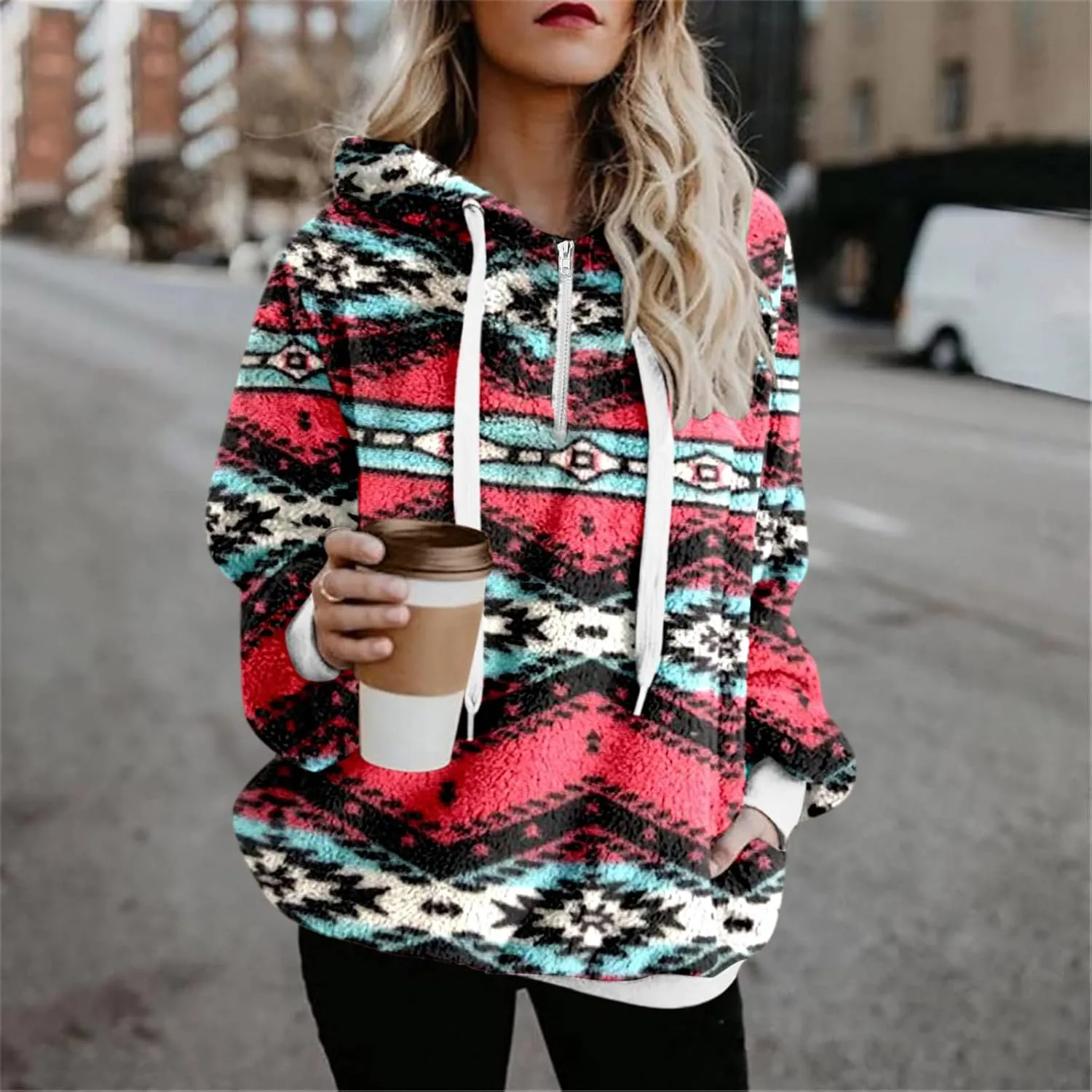 Bengbobar Women Western Sherpa Pullover Quarter Zip Long Sleeve Fluffy Aztec Fleece Jacket Sweatshirts Hoodies Coat Sweaters