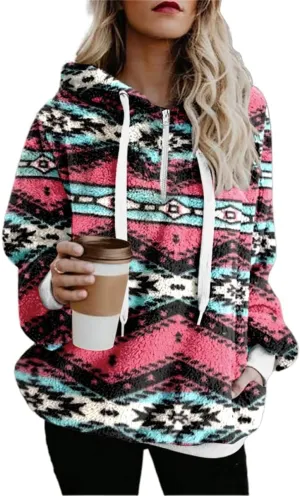 Bengbobar Women Western Sherpa Pullover Quarter Zip Long Sleeve Fluffy Aztec Fleece Jacket Sweatshirts Hoodies Coat Sweaters