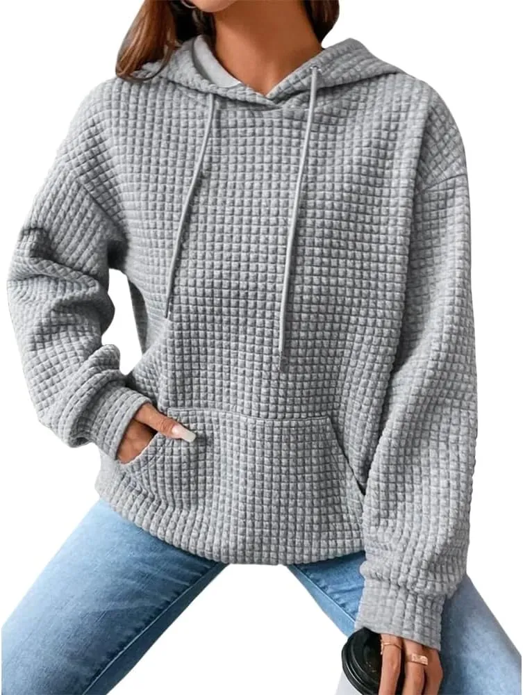 Bengbobar Womens Waffle Knit Hoodie Rugby 3D Print Pullover Sweatshirt Long Sleeve Baggy Hooded Tops Fall Winter Pullovers