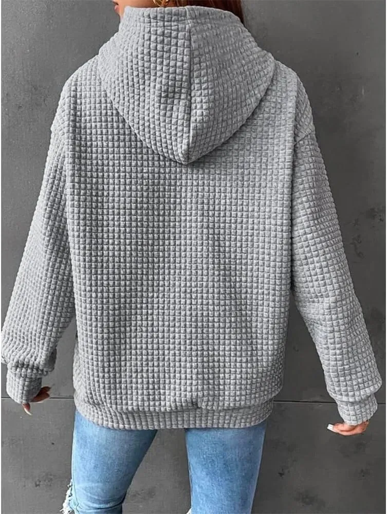 Bengbobar Womens Waffle Knit Hoodie Rugby 3D Print Pullover Sweatshirt Long Sleeve Baggy Hooded Tops Fall Winter Pullovers