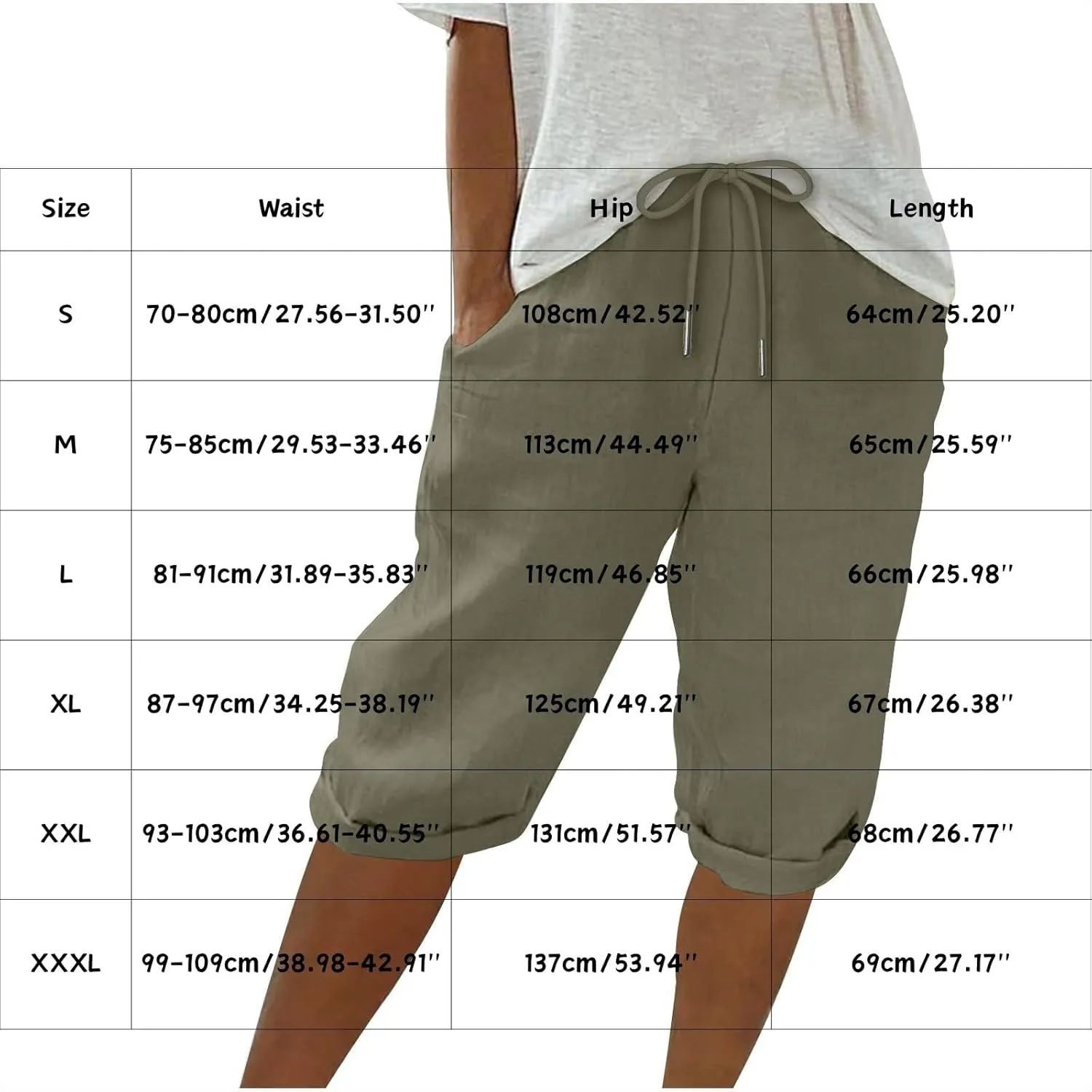 Bermuda Shorts for Women Knee Length Cotton Linen Elastic Waist Drawstring Comfy Summer Lounge Capris Pants with Pockets