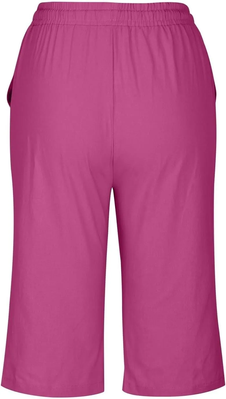 Bermuda Shorts for Women Knee Length Cotton Linen Elastic Waist Drawstring Comfy Summer Lounge Capris Pants with Pockets