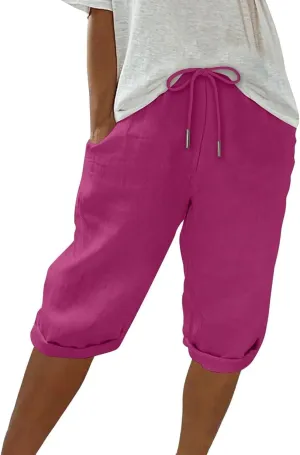 Bermuda Shorts for Women Summer Linen Wide Leg Pants Drawstring High Waist Pants with Pockets Casual Beach Shorts