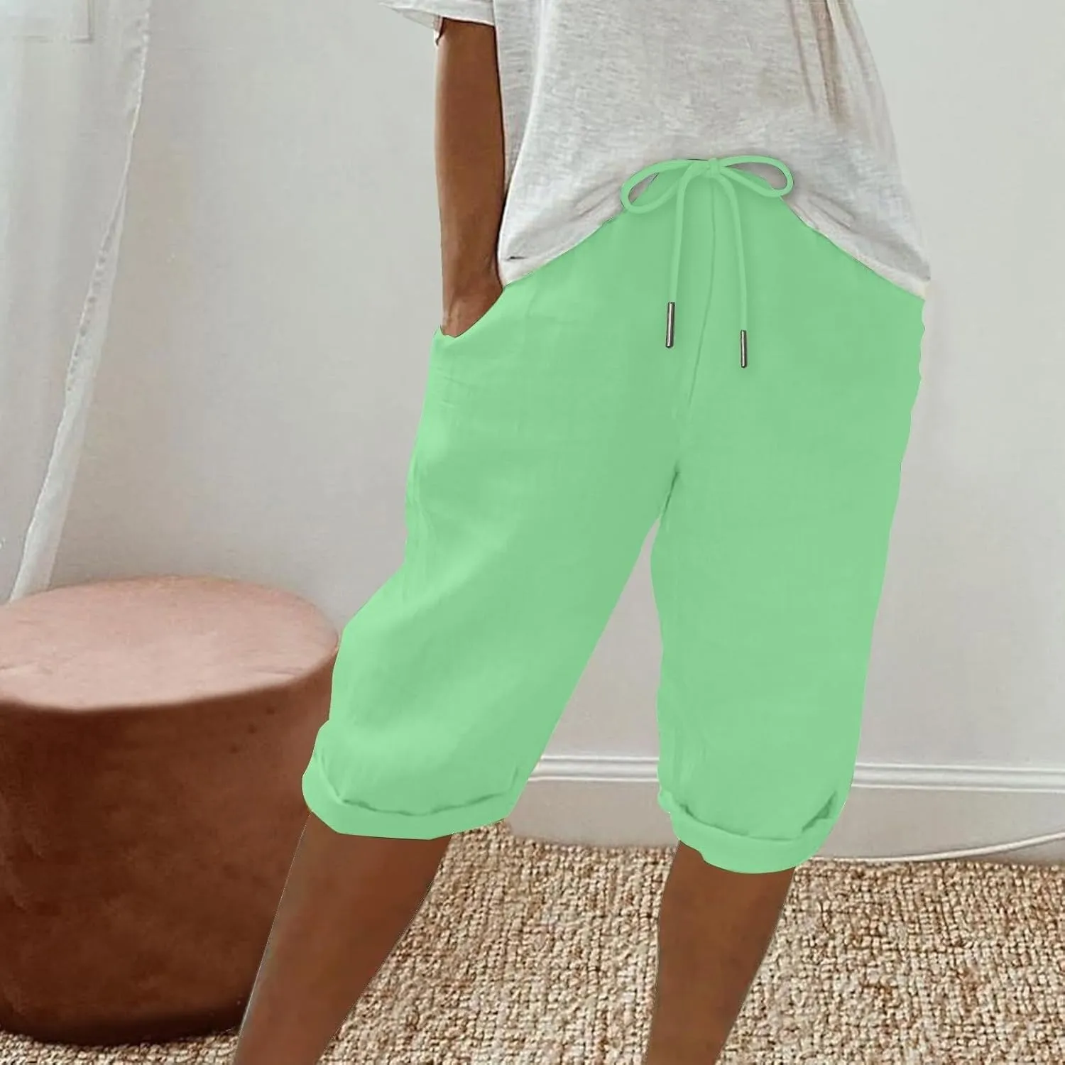 Bermuda Shorts for Women Summer Linen Wide Leg Pants Drawstring High Waist Pants with Pockets Casual Beach Shorts
