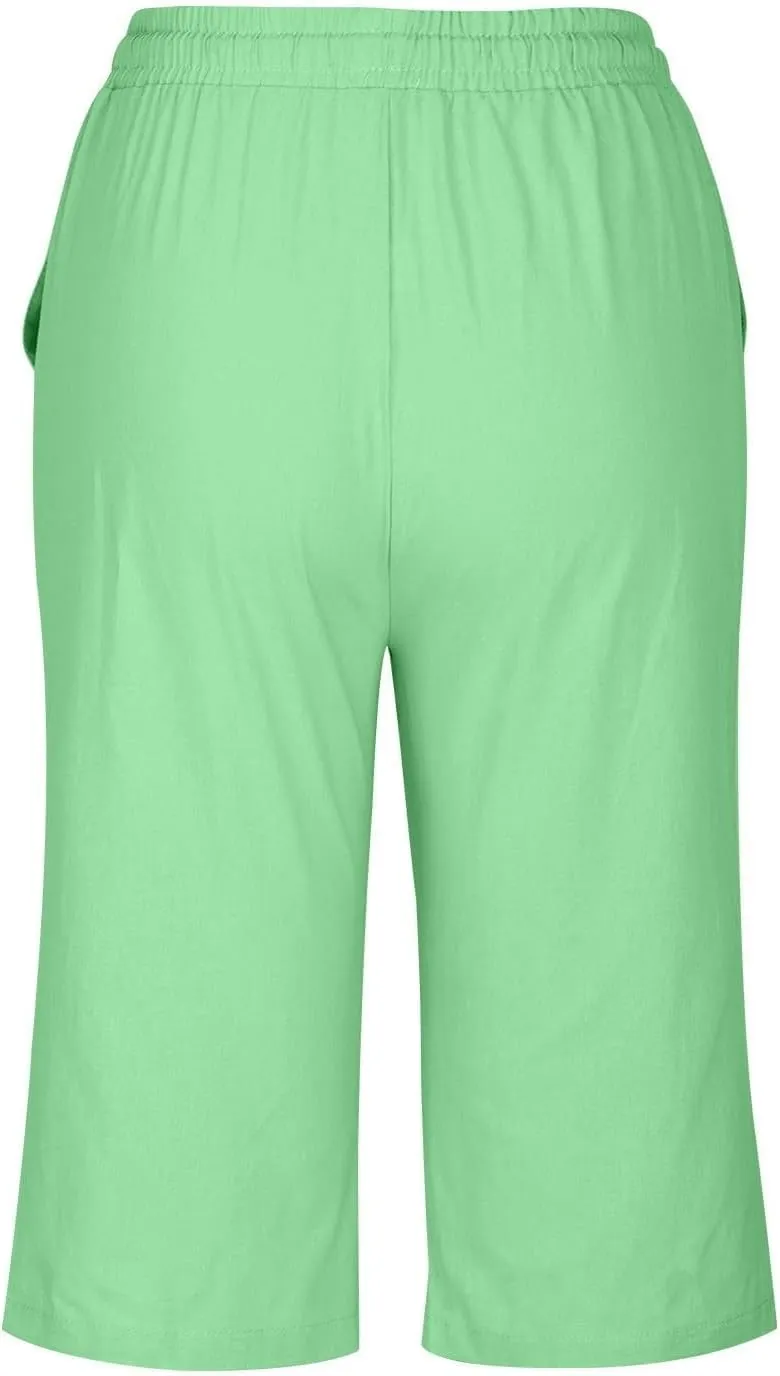 Bermuda Shorts for Women Summer Linen Wide Leg Pants Drawstring High Waist Pants with Pockets Casual Beach Shorts