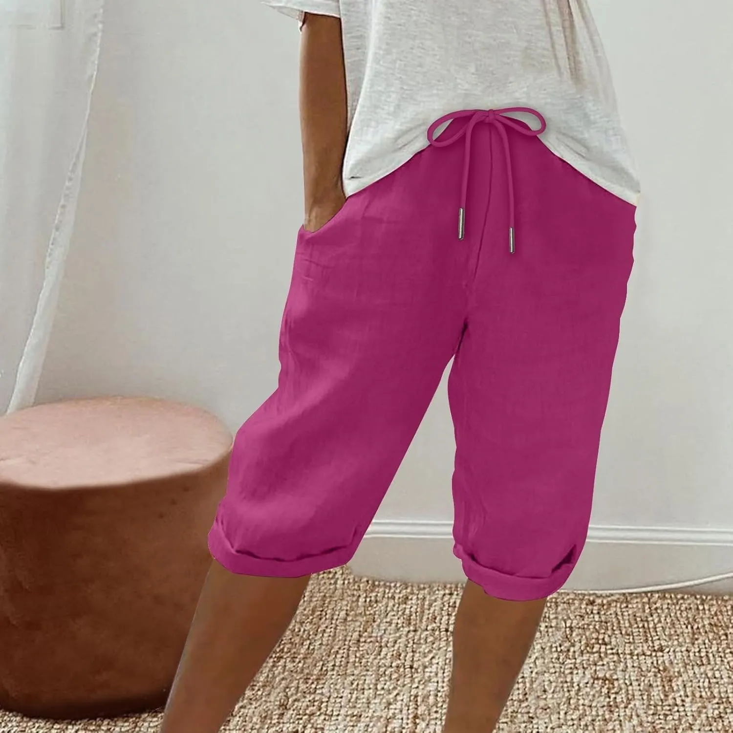 Bermuda Shorts for Women Summer Linen Wide Leg Pants Drawstring High Waist Pants with Pockets Casual Beach Shorts
