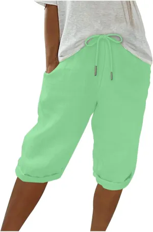 Bermuda Shorts for Women Summer Linen Wide Leg Pants Drawstring High Waist Pants with Pockets Casual Beach Shorts