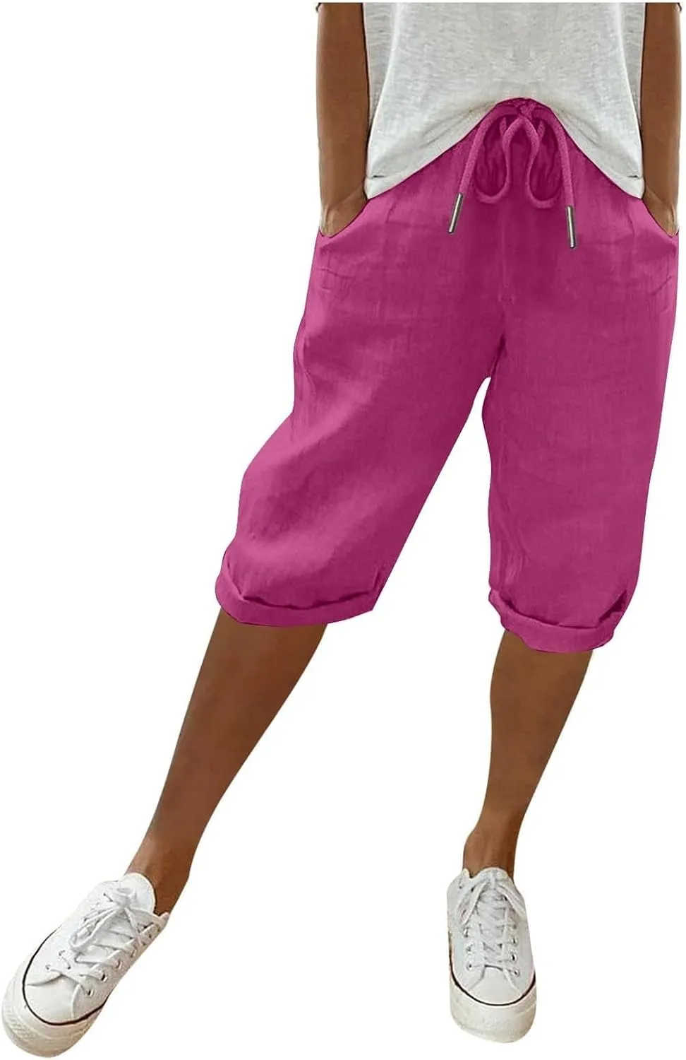 Bermuda Shorts for Women Summer Linen Wide Leg Pants Drawstring High Waist Pants with Pockets Casual Beach Shorts