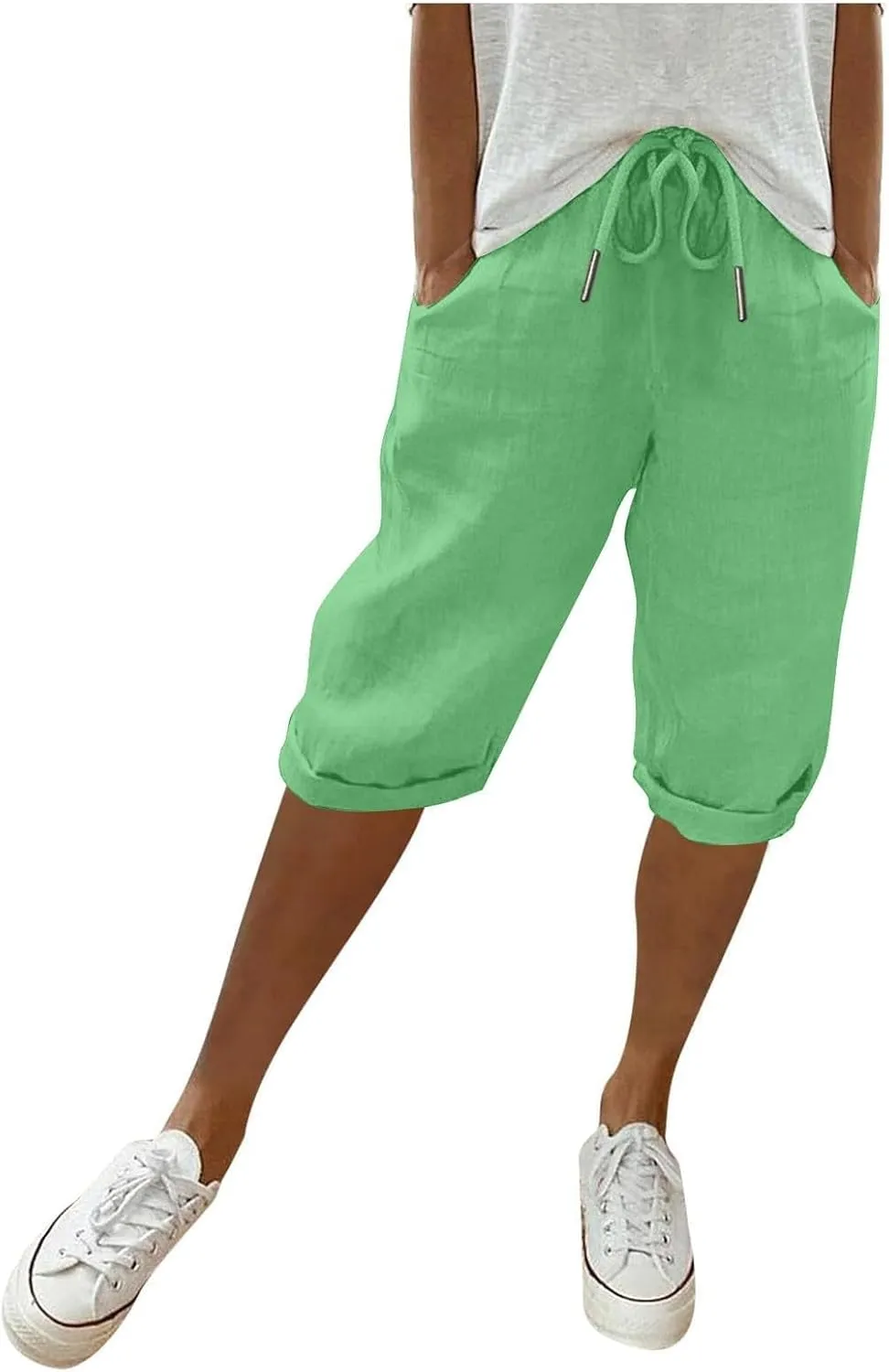 Bermuda Shorts for Women Summer Linen Wide Leg Pants Drawstring High Waist Pants with Pockets Casual Beach Shorts