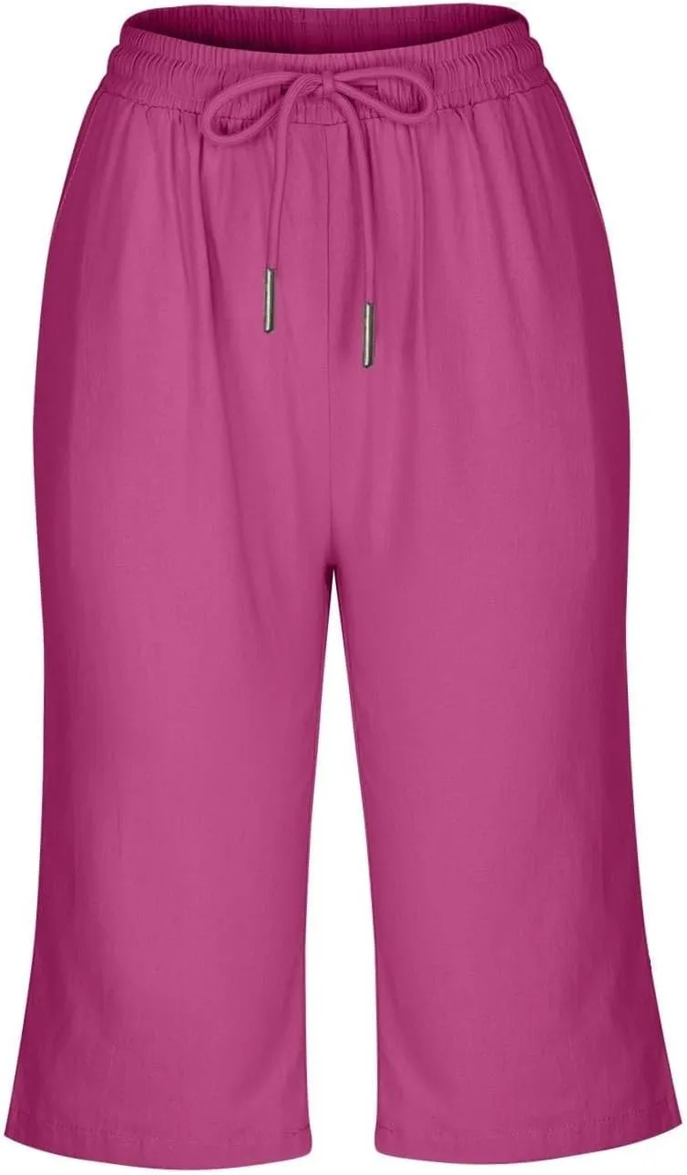 Bermuda Shorts for Women Summer Linen Wide Leg Pants Drawstring High Waist Pants with Pockets Casual Beach Shorts