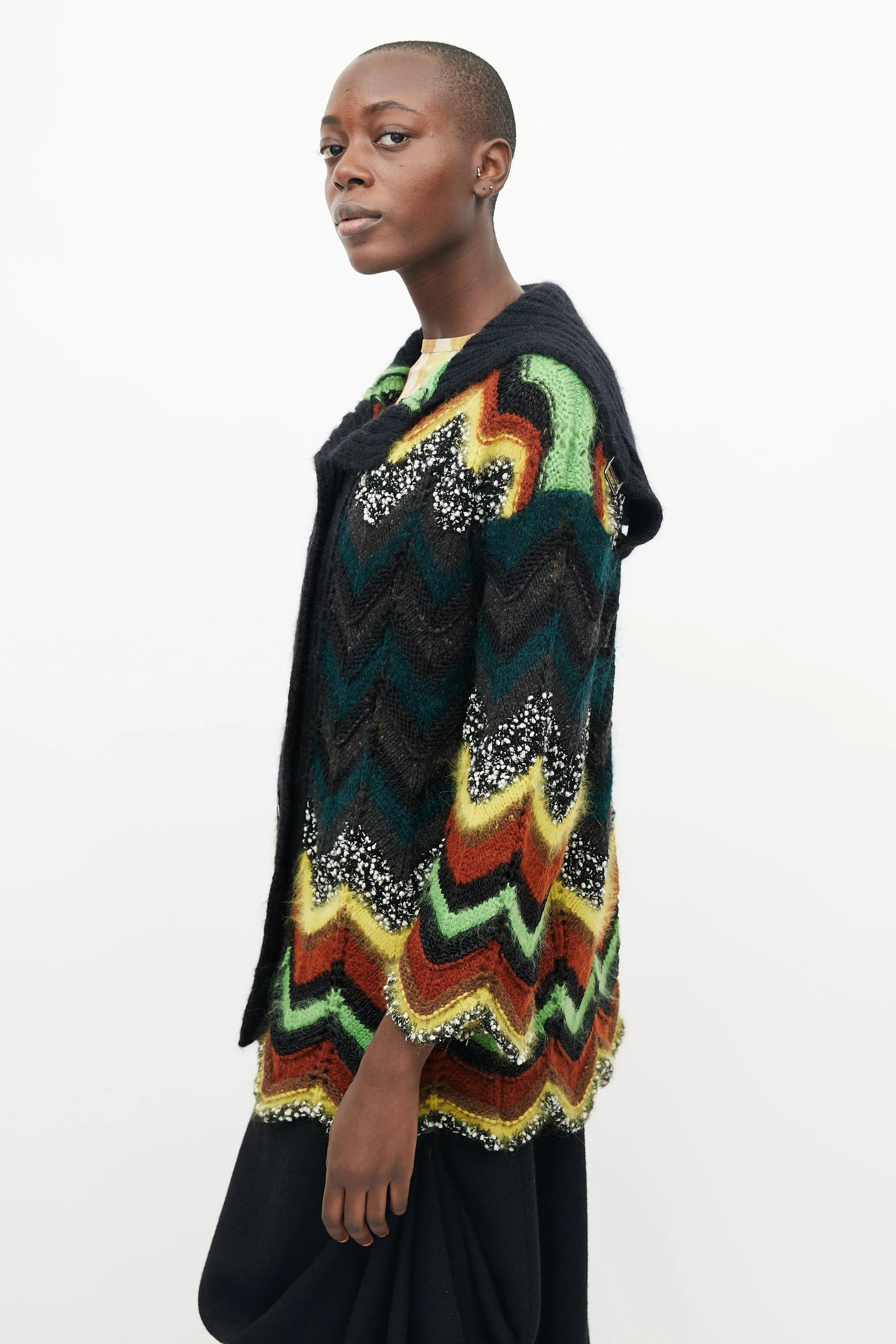 Black & Multicolour Crochet Chevron Cardigan