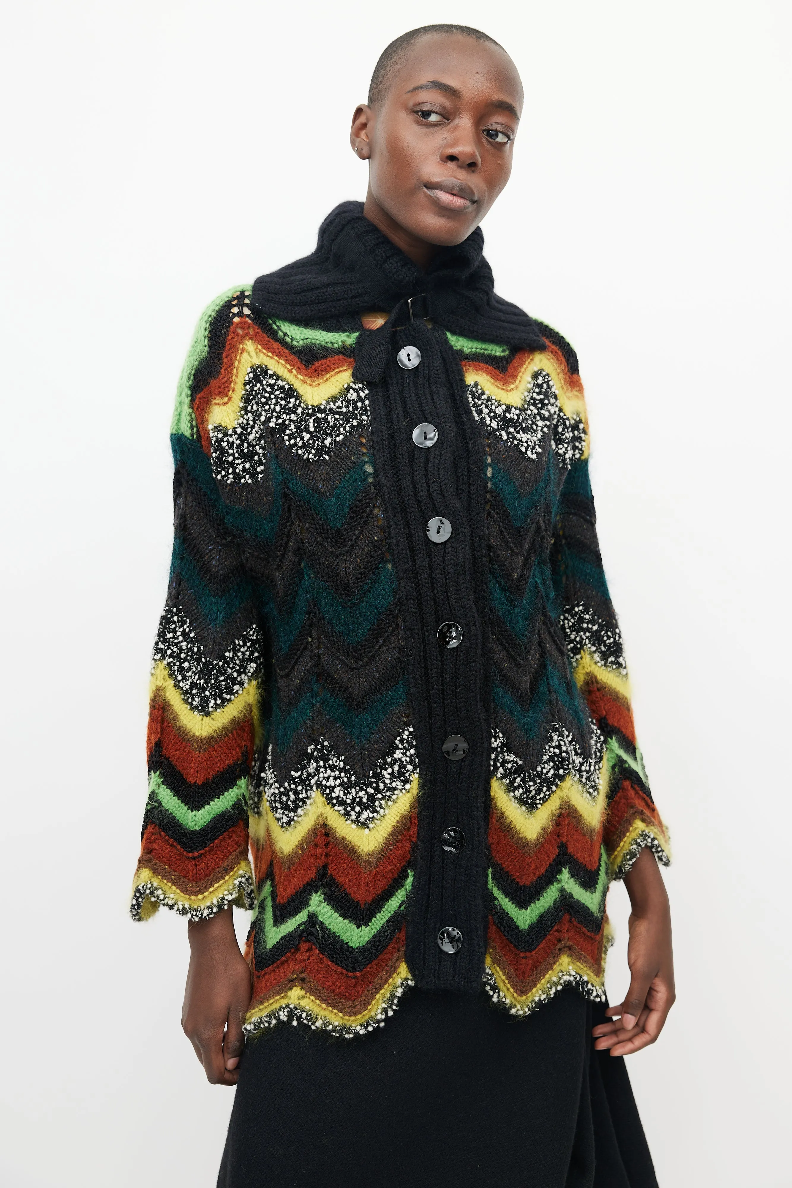 Black & Multicolour Crochet Chevron Cardigan