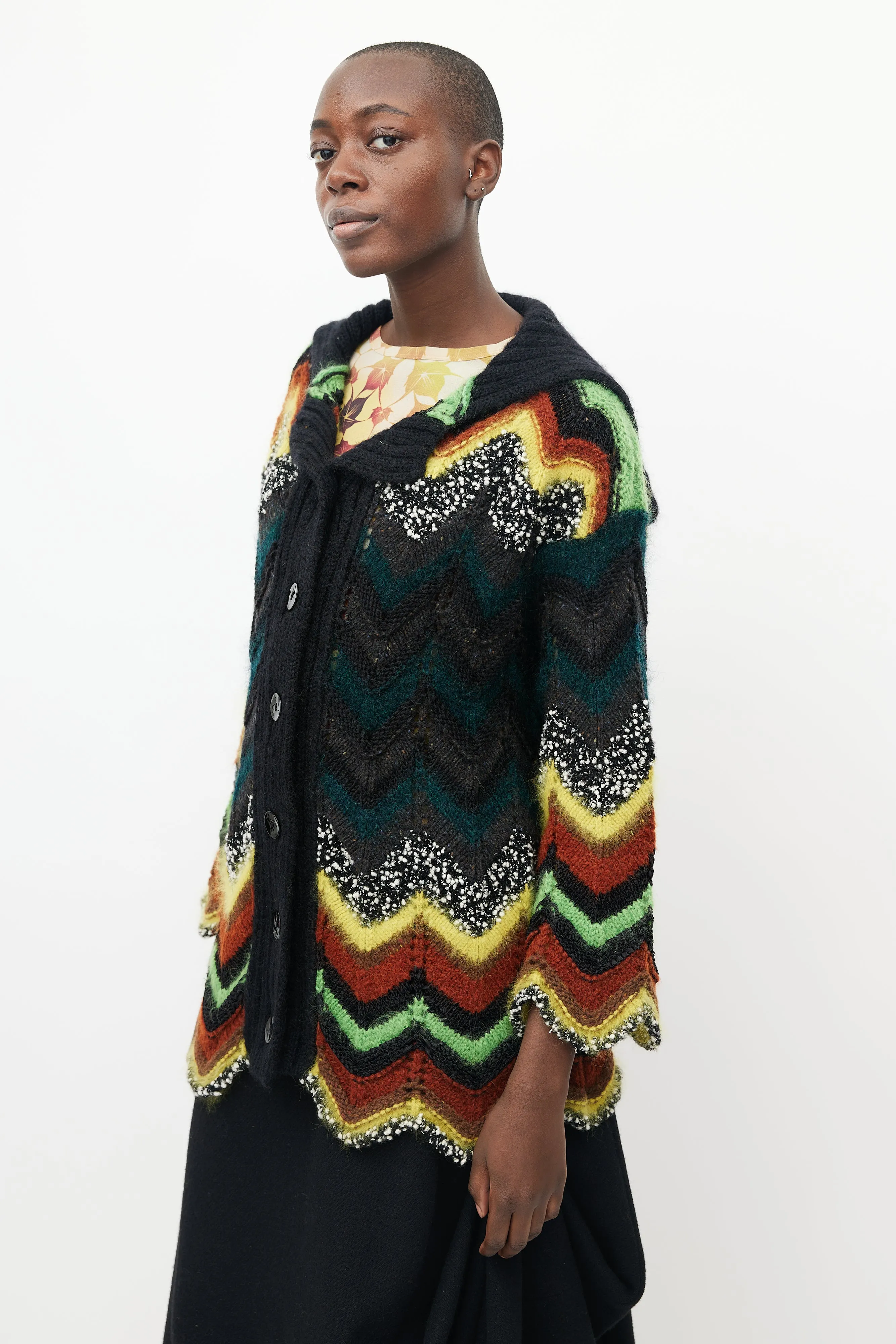 Black & Multicolour Crochet Chevron Cardigan