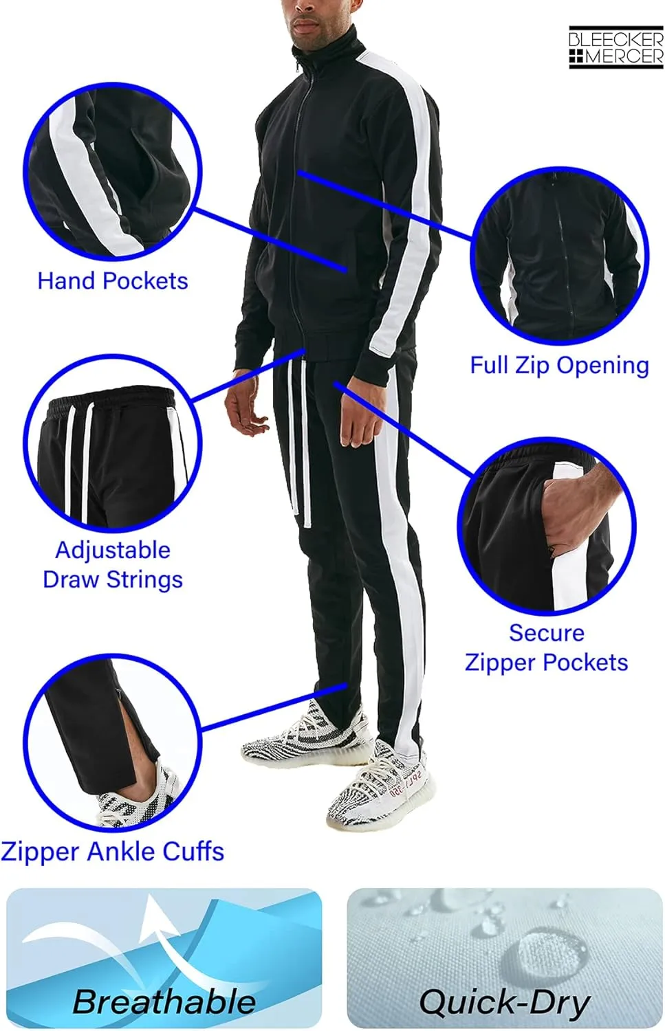 Bleecker and Mercer ReetUp Men's Active Athletic Training Sports Top and Bottom Tracksuit Set
