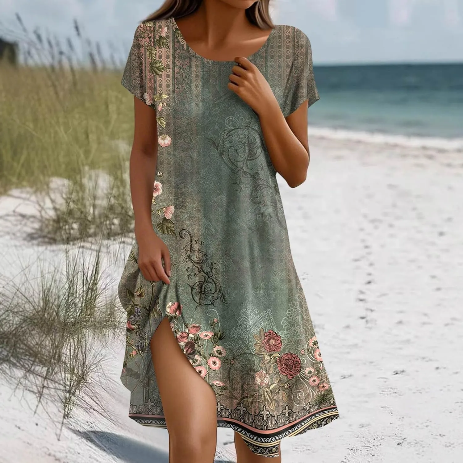 Boho Dresses for Women 2025 Summer Beach Vacation Floral Dress Flowy Elegant Short Sleeve Crewneck Sundresses