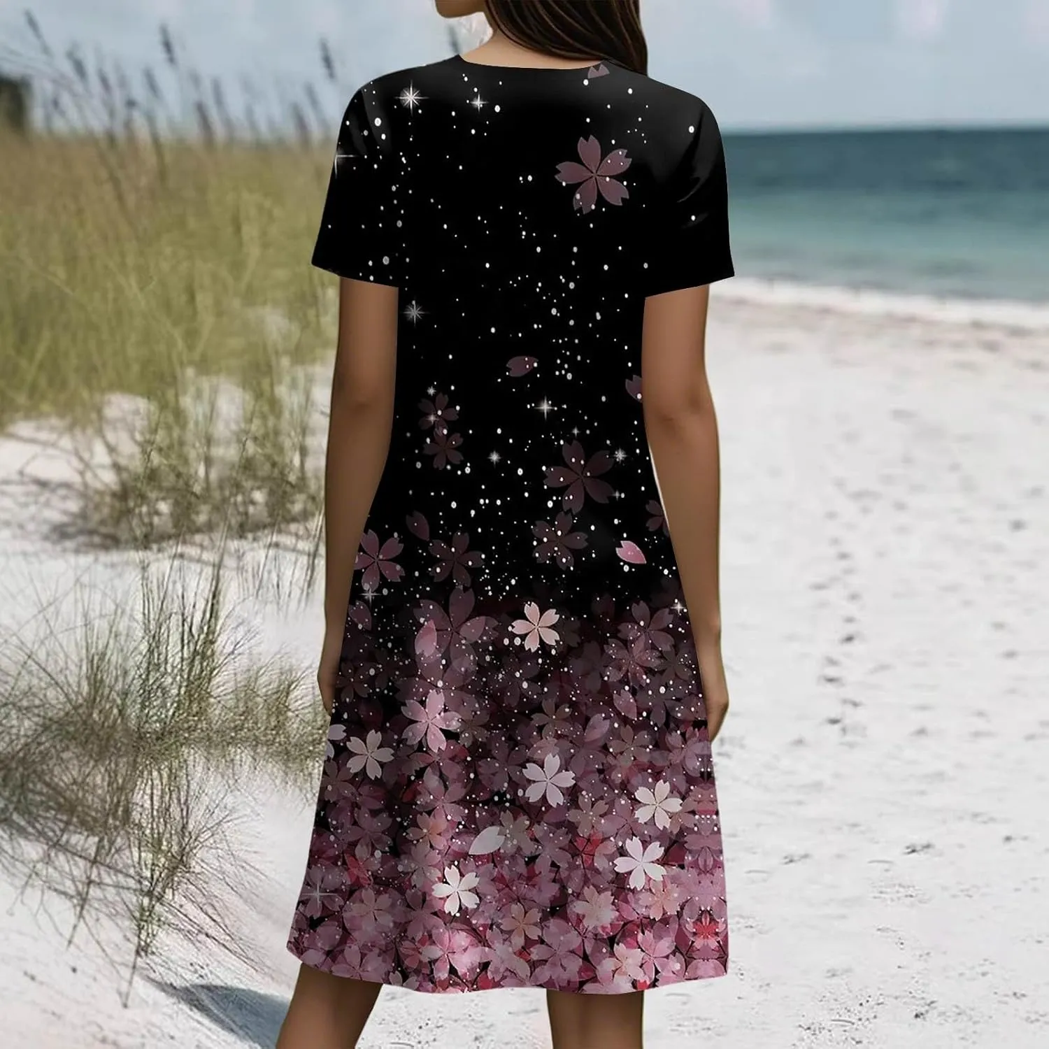 Boho Dresses for Women 2025 Summer Beach Vacation Floral Dress Flowy Elegant Short Sleeve Crewneck Sundresses