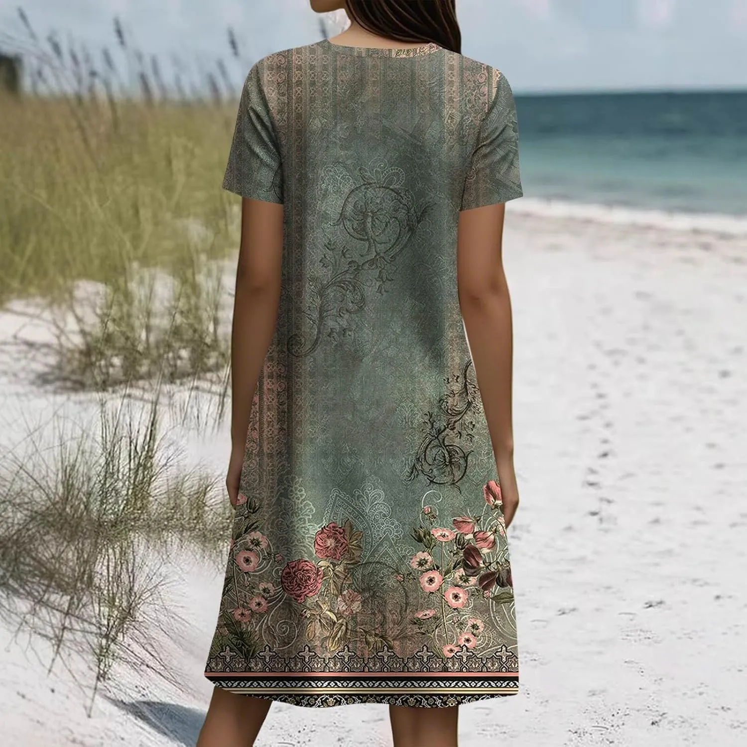 Boho Dresses for Women 2025 Summer Beach Vacation Floral Dress Flowy Elegant Short Sleeve Crewneck Sundresses