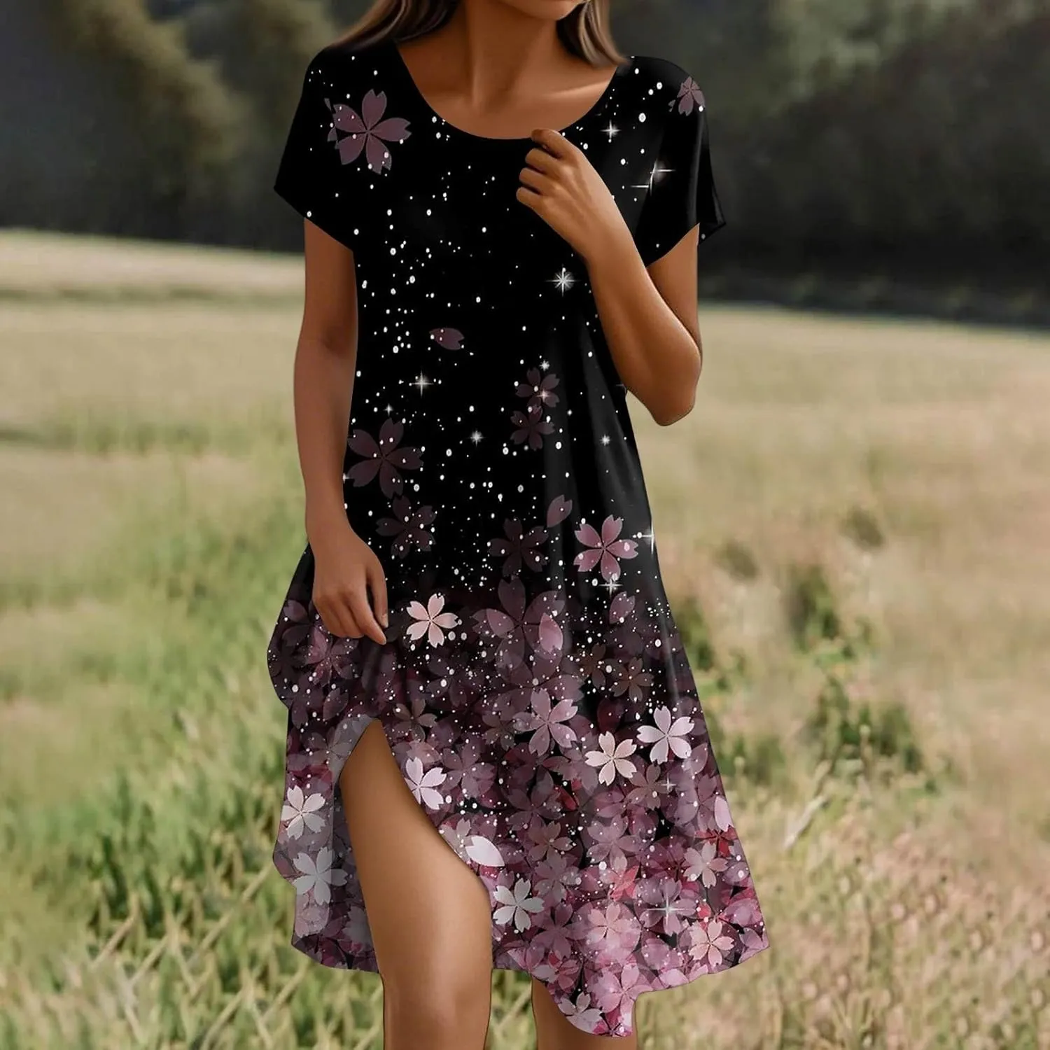 Boho Dresses for Women 2025 Summer Beach Vacation Floral Dress Flowy Elegant Short Sleeve Crewneck Sundresses