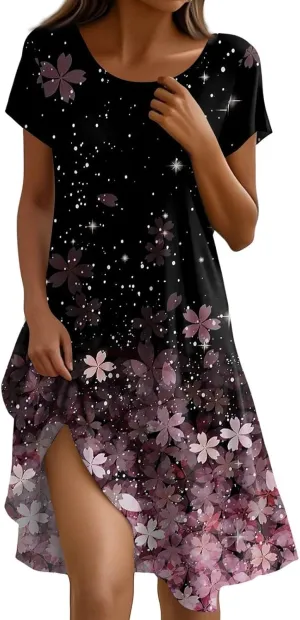 Boho Dresses for Women 2025 Summer Beach Vacation Floral Dress Flowy Elegant Short Sleeve Crewneck Sundresses