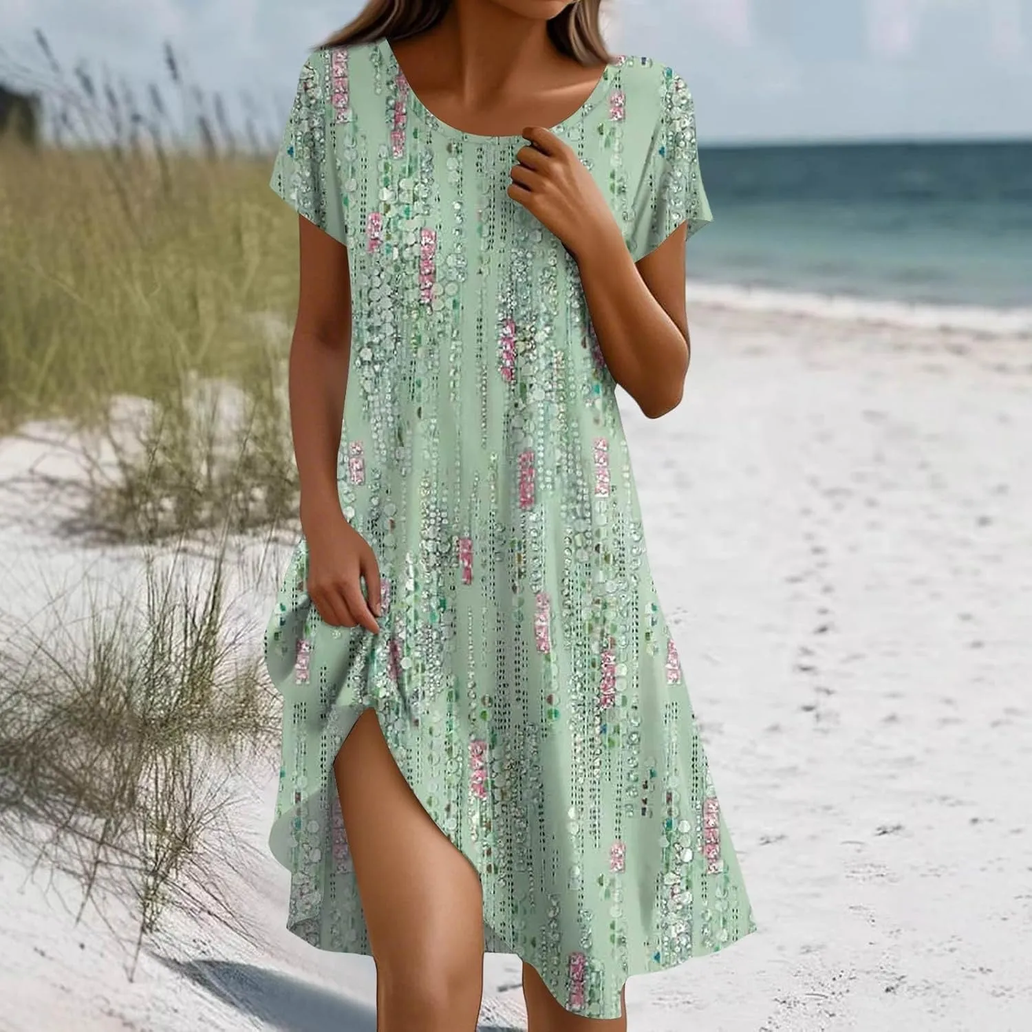 Boho Dresses for Women 2025 Summer Beach Vacation Floral Dress Flowy Elegant Short Sleeve Crewneck Sundresses