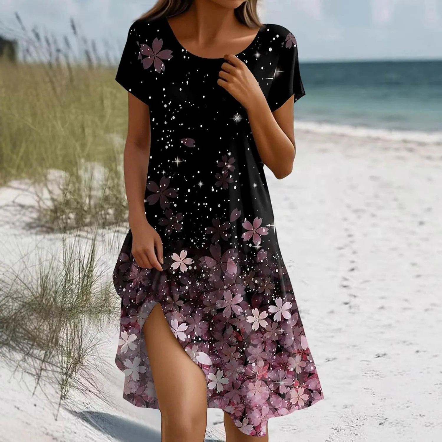 Boho Dresses for Women 2025 Summer Beach Vacation Floral Dress Flowy Elegant Short Sleeve Crewneck Sundresses