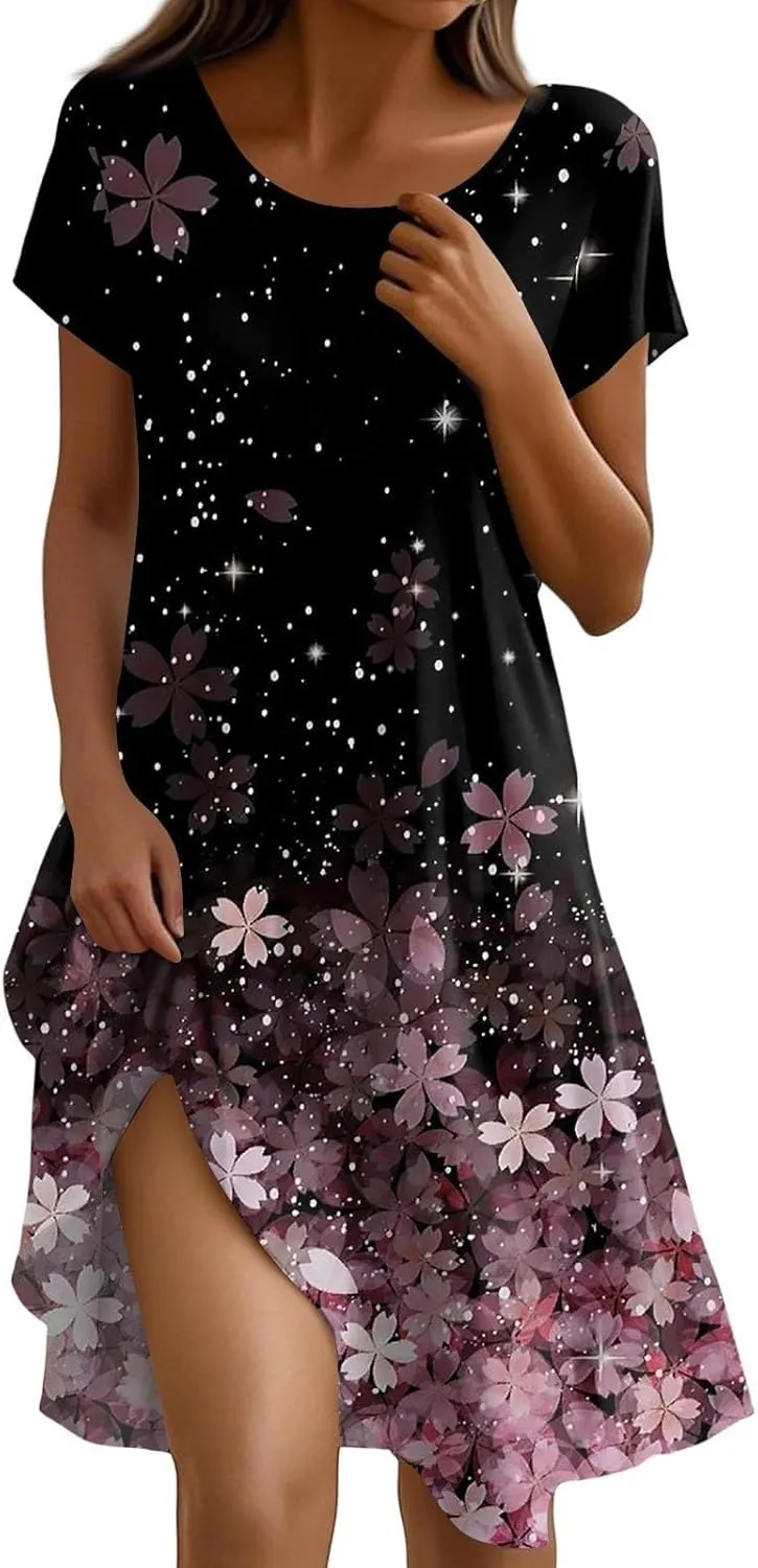 Boho Dresses for Women 2025 Summer Beach Vacation Floral Dress Flowy Elegant Short Sleeve Crewneck Sundresses