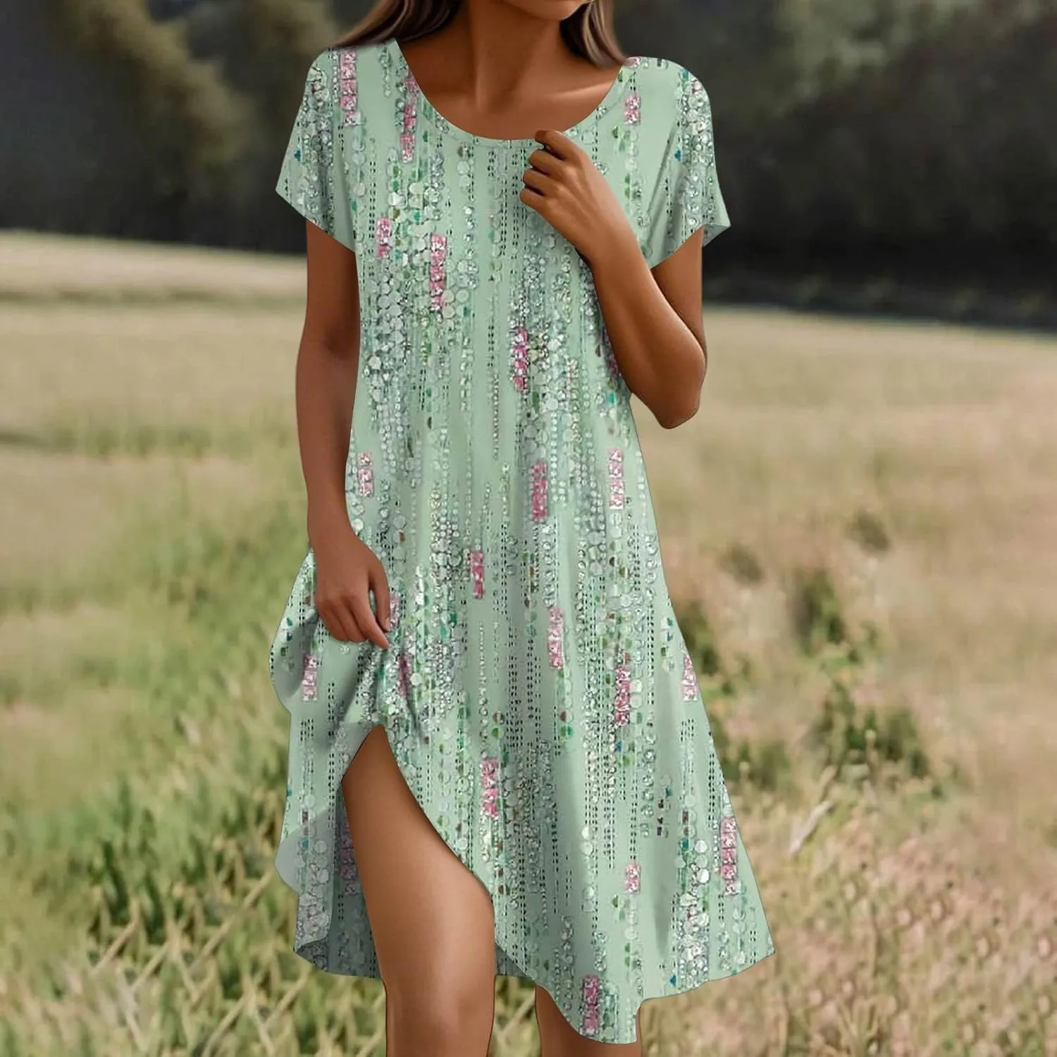 Boho Dresses for Women 2025 Summer Beach Vacation Floral Dress Flowy Elegant Short Sleeve Crewneck Sundresses