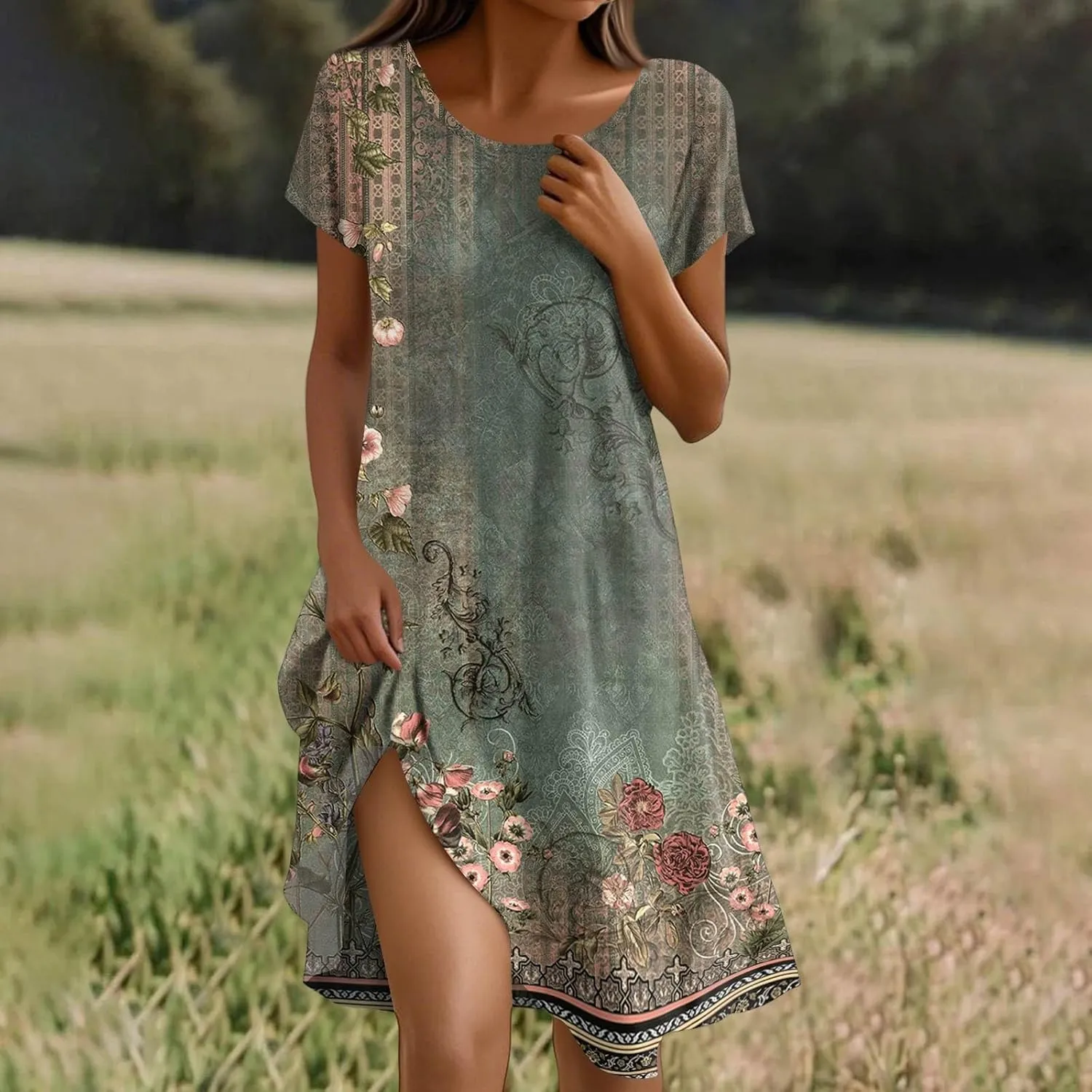 Boho Dresses for Women 2025 Summer Beach Vacation Floral Dress Flowy Elegant Short Sleeve Crewneck Sundresses