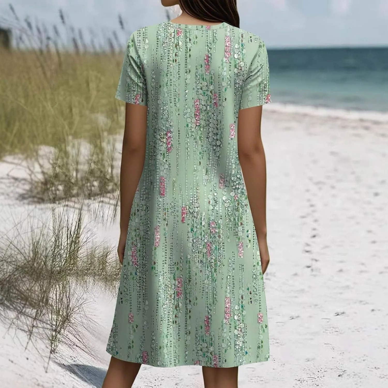 Boho Dresses for Women 2025 Summer Beach Vacation Floral Dress Flowy Elegant Short Sleeve Crewneck Sundresses
