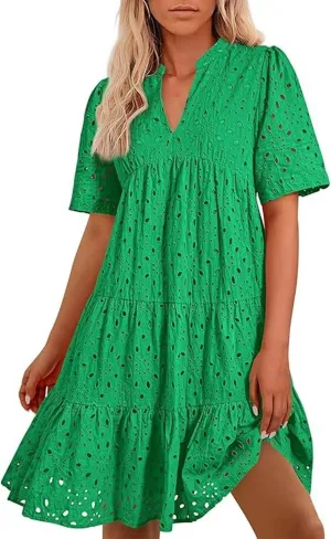 Boho Summer Dresses for Women 2025 Resort V Neck Short Sleeve Hollow Out Lace Ruffle Casual Beach Mini Vacation Dress