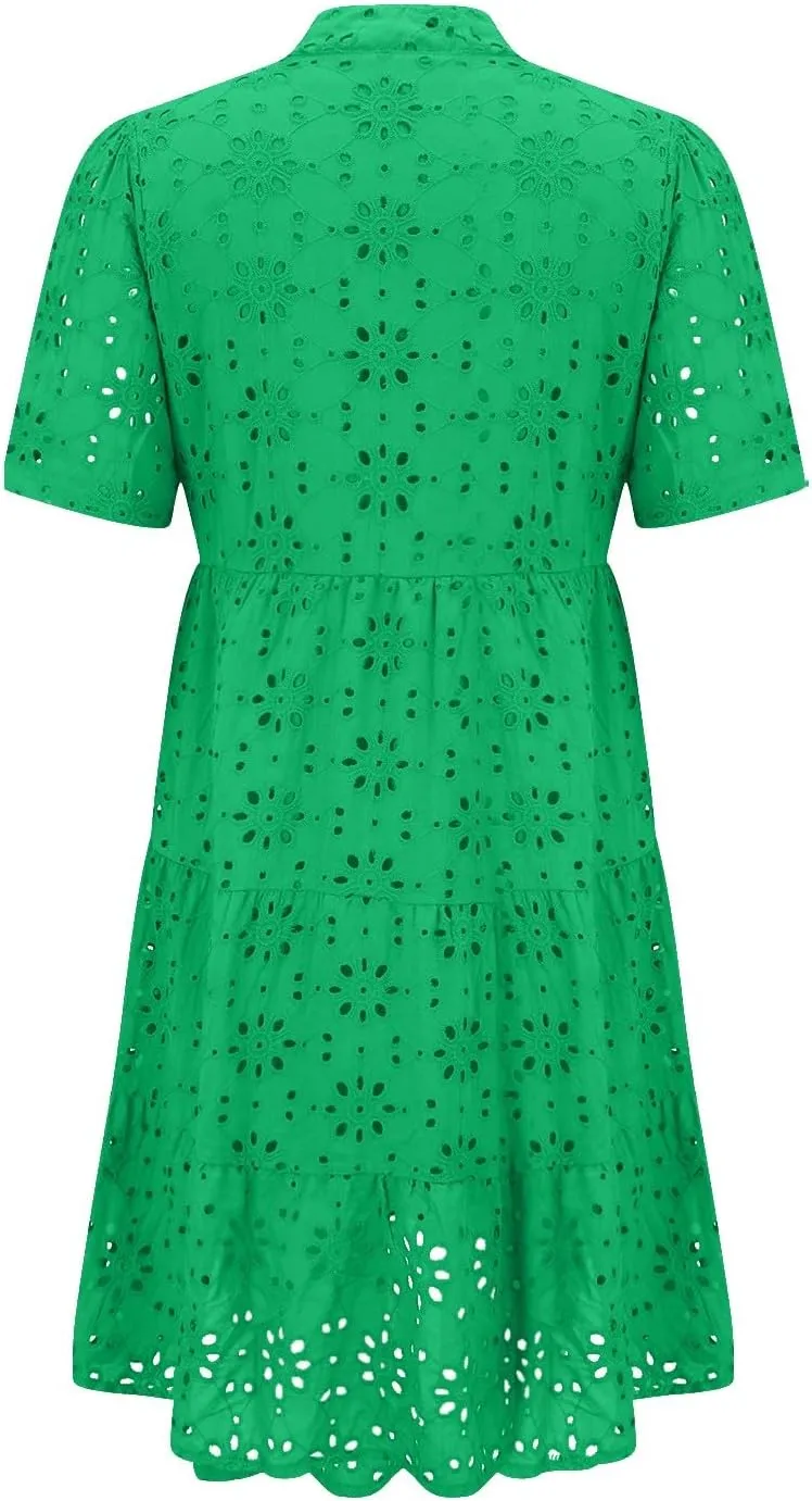 Boho Summer Dresses for Women 2025 Resort V Neck Short Sleeve Hollow Out Lace Ruffle Casual Beach Mini Vacation Dress