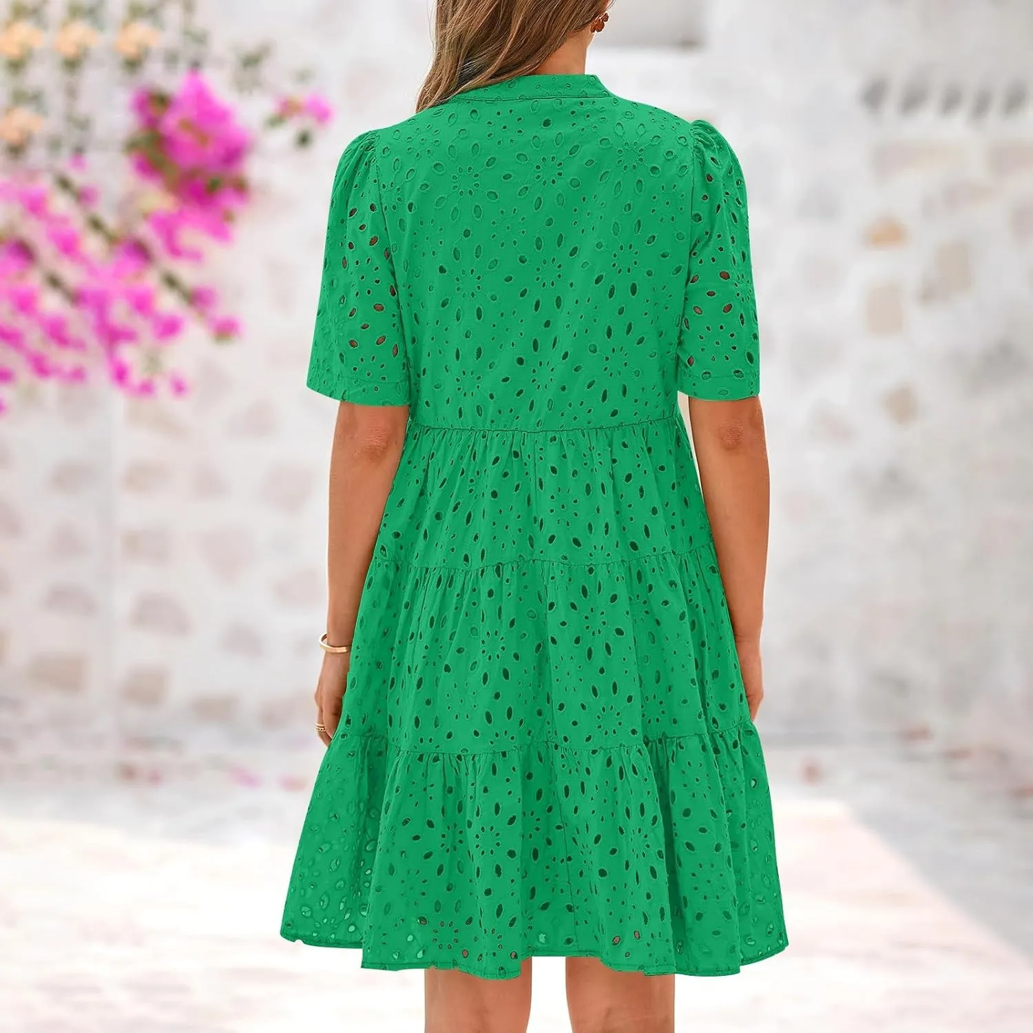 Boho Summer Dresses for Women 2025 Resort V Neck Short Sleeve Hollow Out Lace Ruffle Casual Beach Mini Vacation Dress
