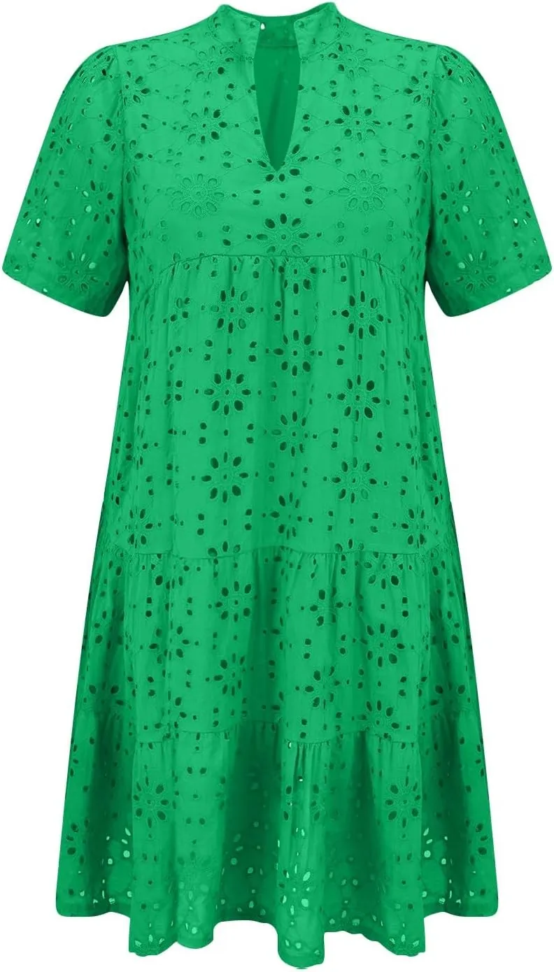 Boho Summer Dresses for Women 2025 Resort V Neck Short Sleeve Hollow Out Lace Ruffle Casual Beach Mini Vacation Dress