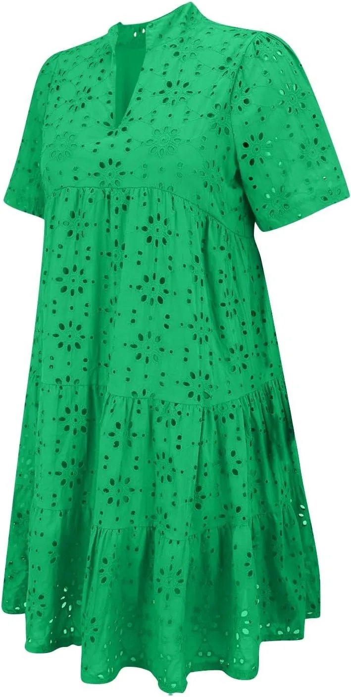 Boho Summer Dresses for Women 2025 Resort V Neck Short Sleeve Hollow Out Lace Ruffle Casual Beach Mini Vacation Dress