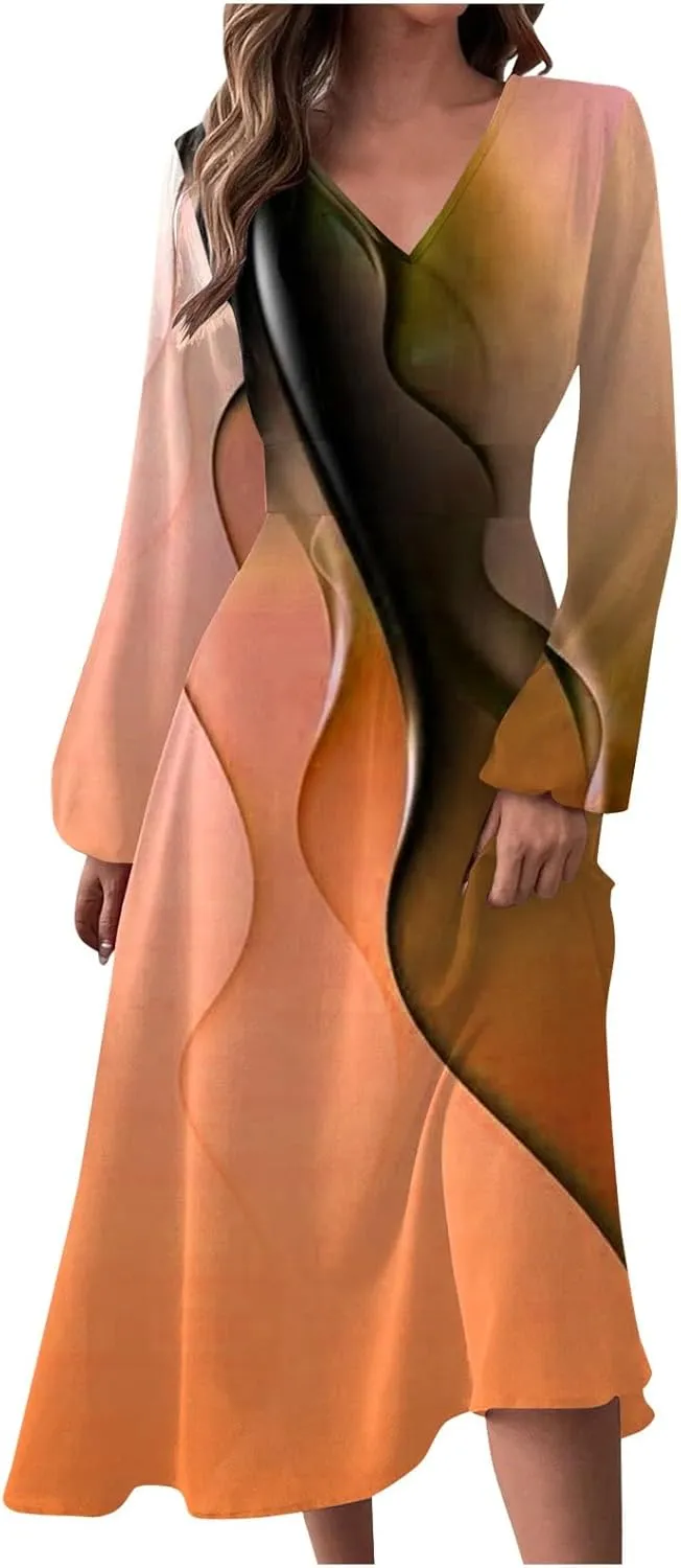 Business Casual Dresses Wedding Guest Dresses 2025 Summer Fall Long Sleeve Midi Dress Sexy V Neck Smocked Flowy Elegant Floral Cute A Line Holiday Party Dress for Cocktail Club Orange M