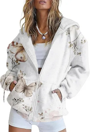 Butterfly Zip up Hoodie Women Oversized Trendy Graphic Zipper Hooded Sweatshirt Casual Fall Y2k Long Sleeve Drawstring Coats