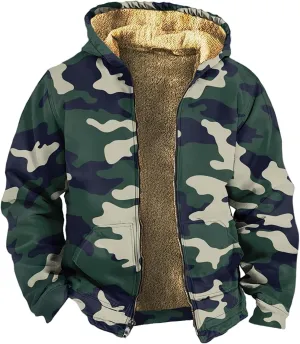 Camo Hoodie Mens Full Zip Sherpa Sweatshirts Fleece Hoodies Heavyweight Jackets Plus Size Warm Thick Coat With Pocket