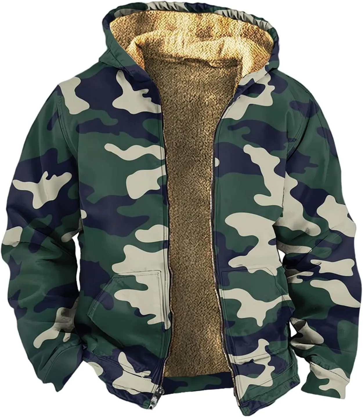 Camo Hoodie Mens Full Zip Sherpa Sweatshirts Fleece Hoodies Heavyweight Jackets Plus Size Warm Thick Coat With Pocket