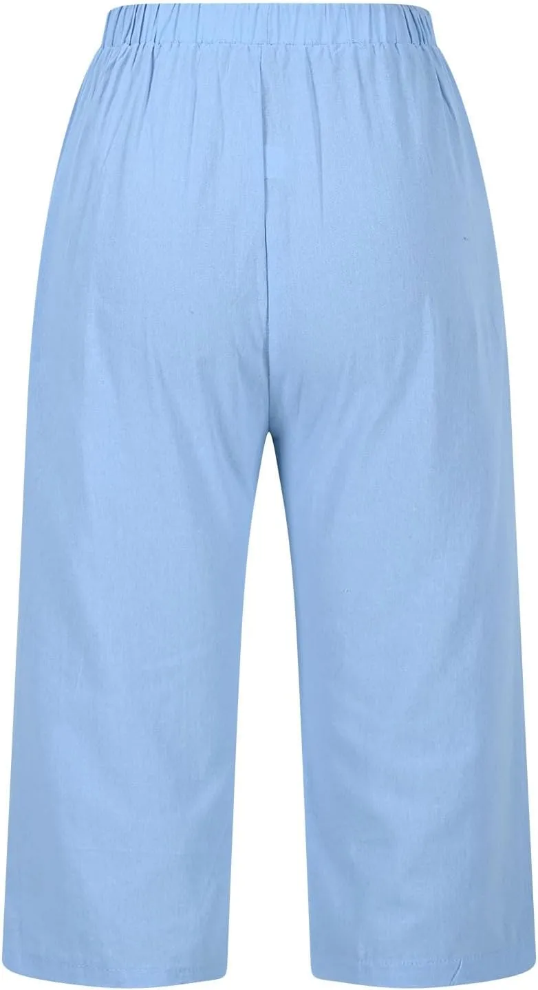 Capri Pants for Women Knee Length Cotton Linen Capris Cropped Trousers Summer Loose Fit Beach Bermuda Shorts Pockets