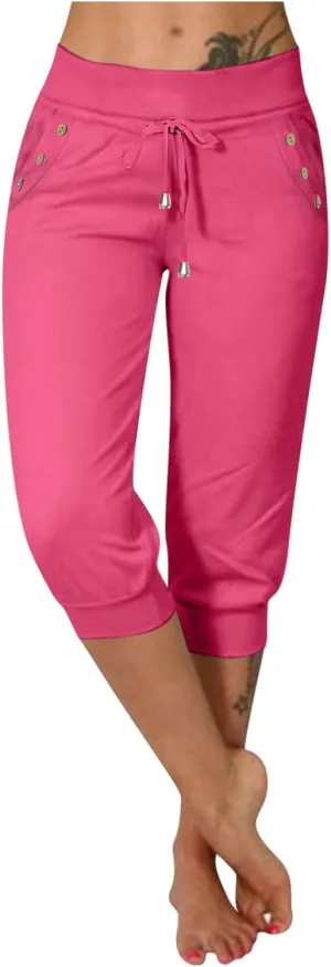 Capri Pants for Women Summer Casual High Waisted Drawstring Capris Dressy Lightweight Trendy Leggings with Pockets