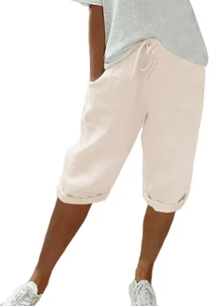 Capris Pants for Women Pants Ladies Loose Drawstring Casual Solid Color Shorts Beach Clothes Linen Pants Women